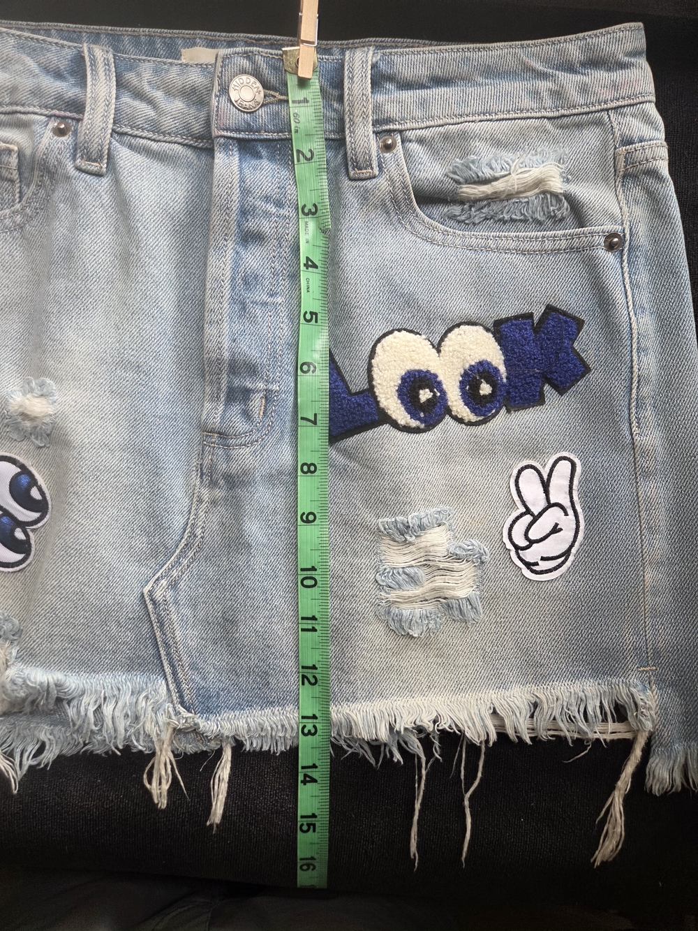 Hidden Jeans Light Wash Distressed Denim Mini Skirt with Fun Patches - Picture 5 of 11
